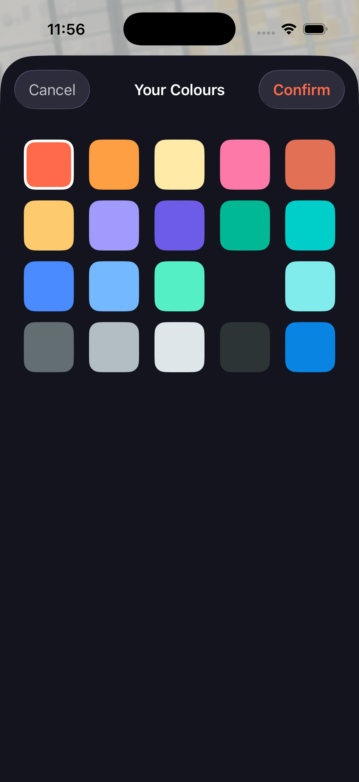 Colour palette picker showing a grid of swatches &mdash; choose a new colour any time, even mid-walk
