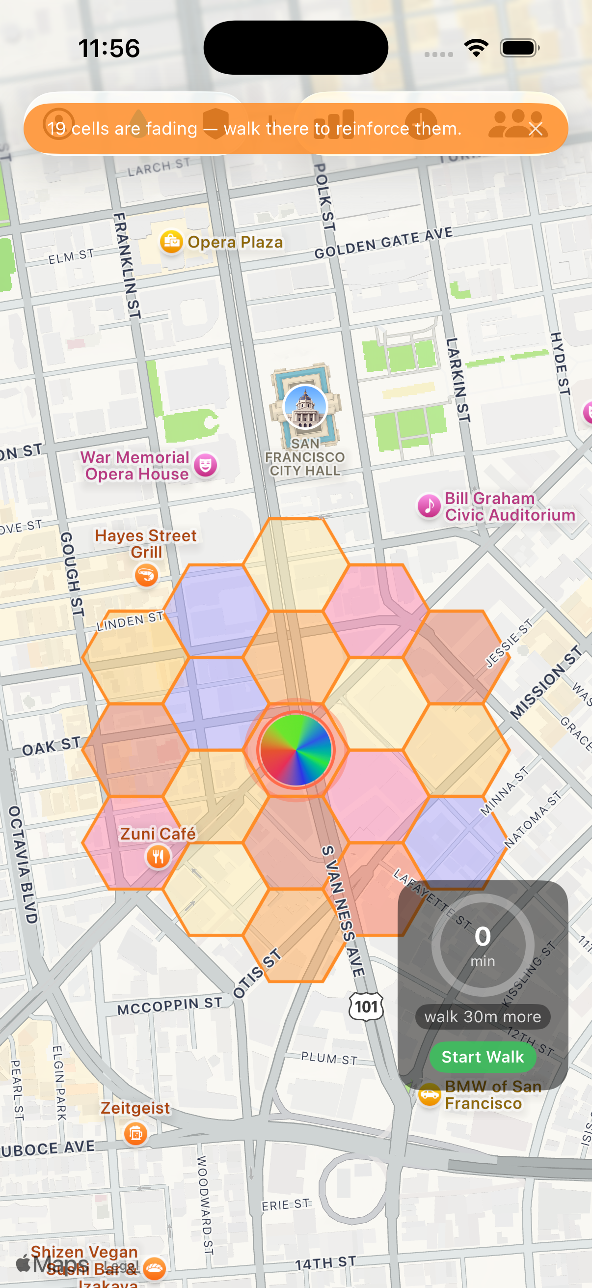 Map view showing decaying territory in orange where walks have lapsed
