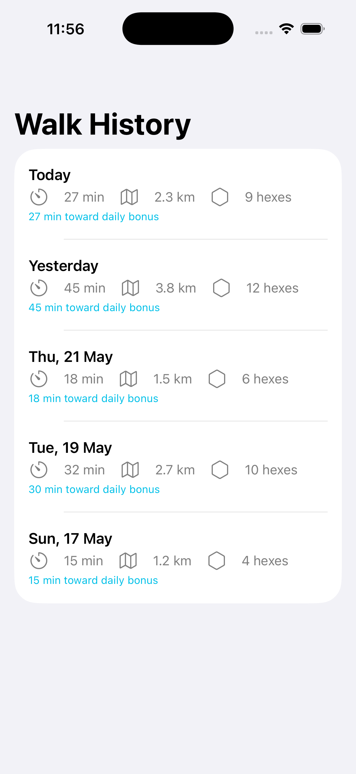 Walk history screen showing past walks with distance and hex counts
