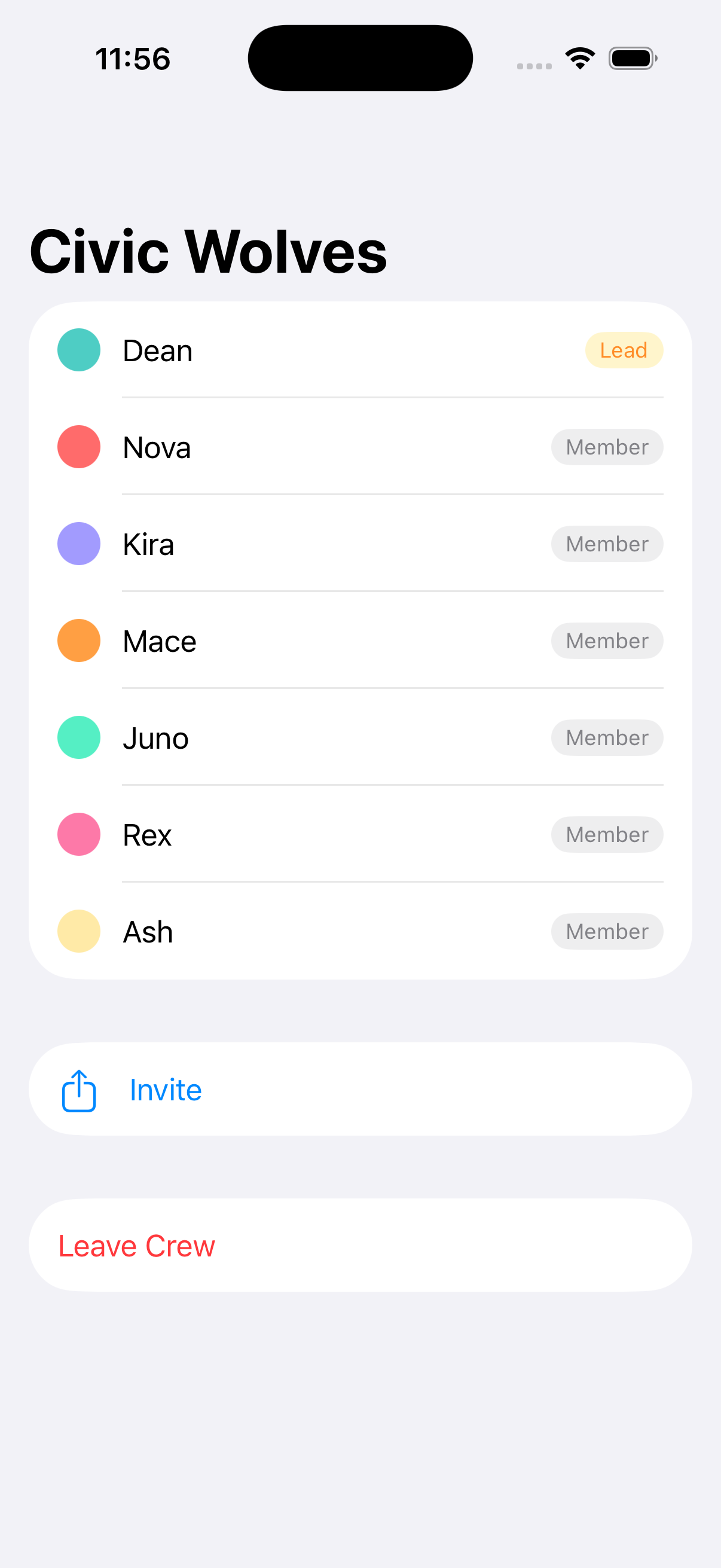 Crew invite screen showing invite code UI for adding friends
